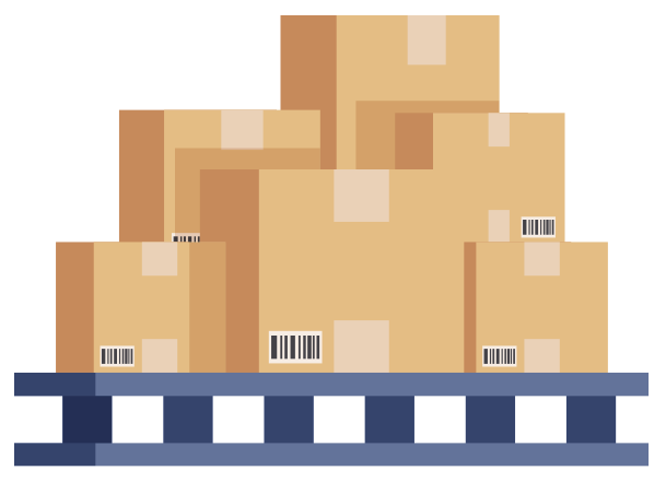 A simple illustration of several stacked cardboard moving boxes with barcodes, resting on a blue warehouse roller conveyor belt, symbolizing goods held in commercial or residential self storage.