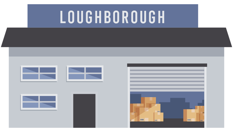 An illustration of a modern, gray commercial warehouse building with a large roller shutter door and four windows, featuring a sign that says "Loughborough," representing a dedicated self storage facility.