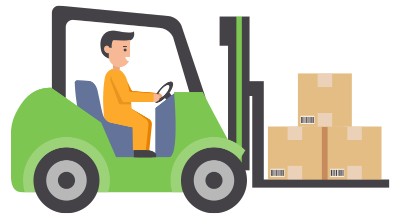 A bright illustration of a smiling man in an orange uniform driving a green forklift, moving stacks of labeled cardboard boxes, emphasizing professional handling and secure storage services.